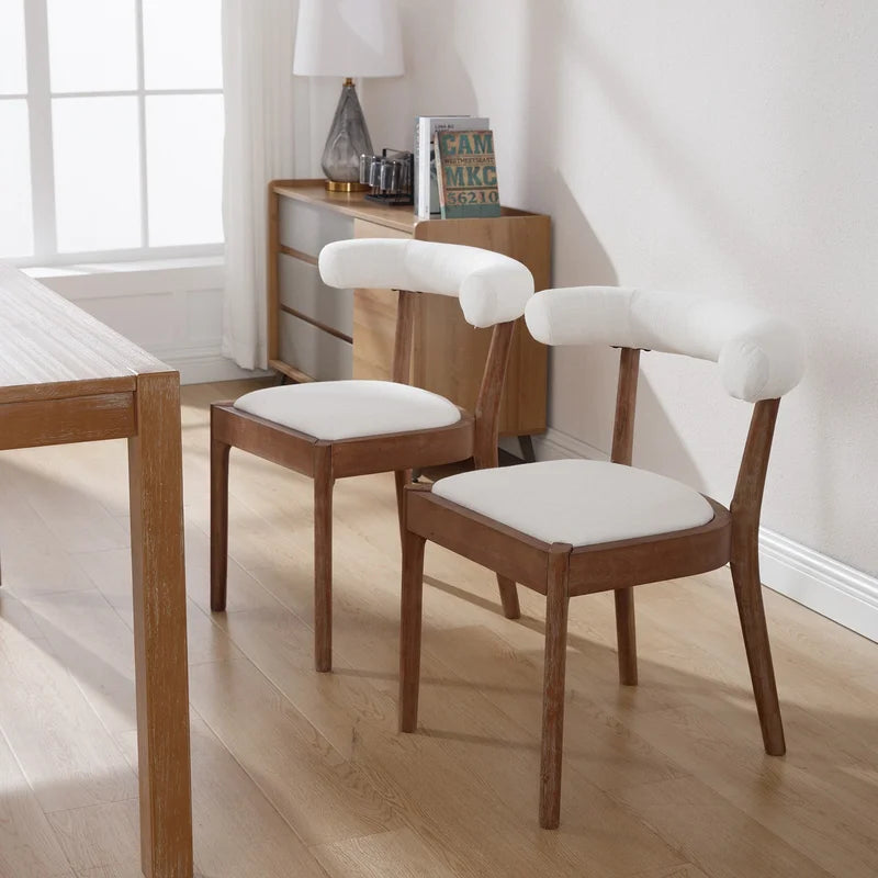 Set of 2 Linen Dining Room Side Chairs with Curved Open Upholstered Back,White