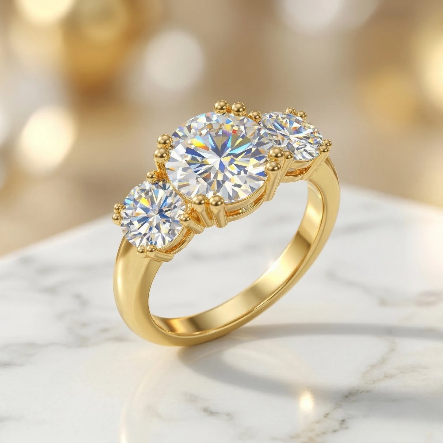 Moissanite Three Stone Ring In Sterling Silver With Gold Plating