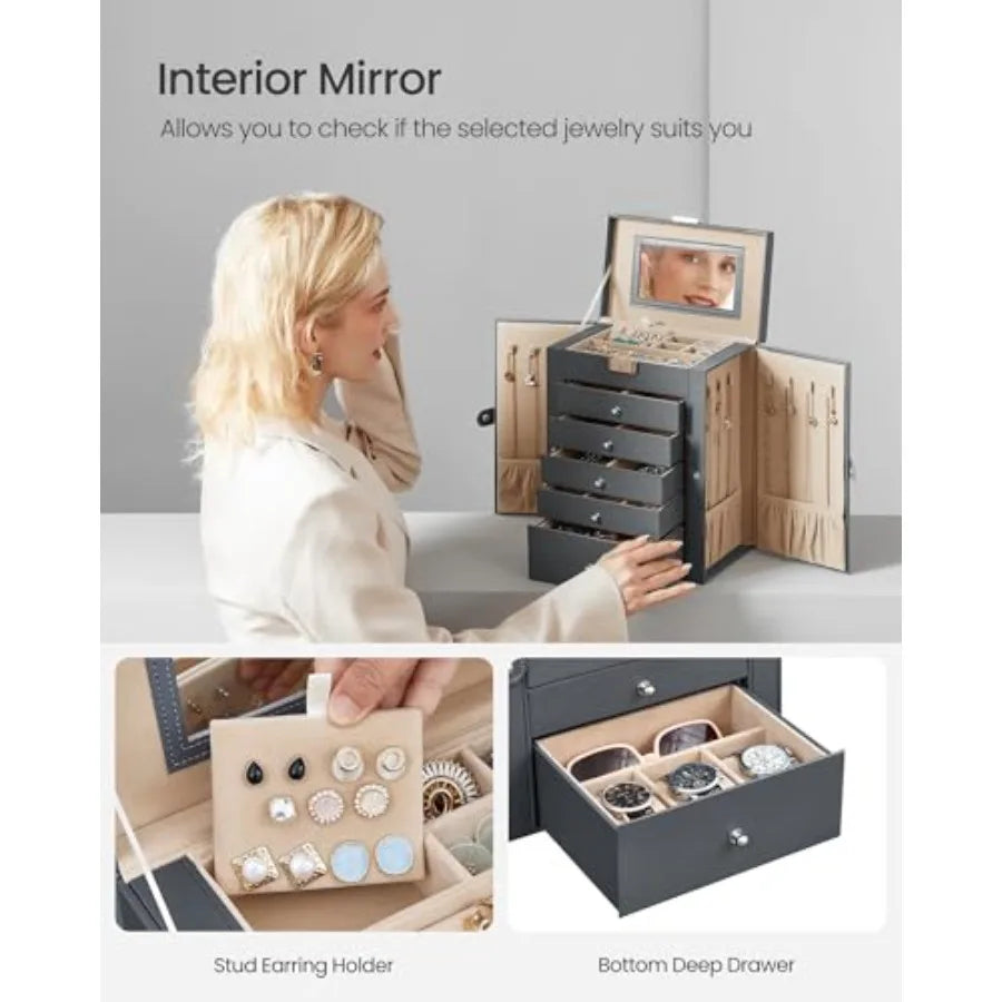 6-Layer Jewelry Box Organizer with 5 Drawers, Jewelry Storage Case with Lock and Mirror, Large Storage Capacity, Gift for Loved