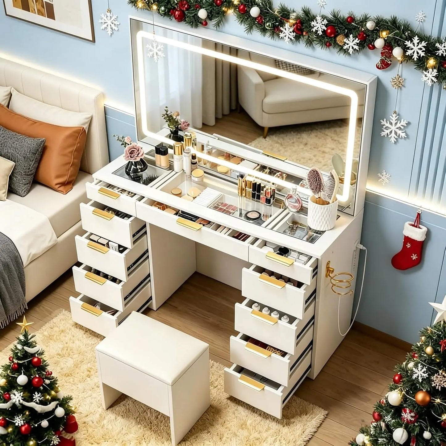 Glass Top Vanity Desk with Mirror and Lights, 11 Drawers Makeup Vanity with Charging Station and Chair, Golden, Customized