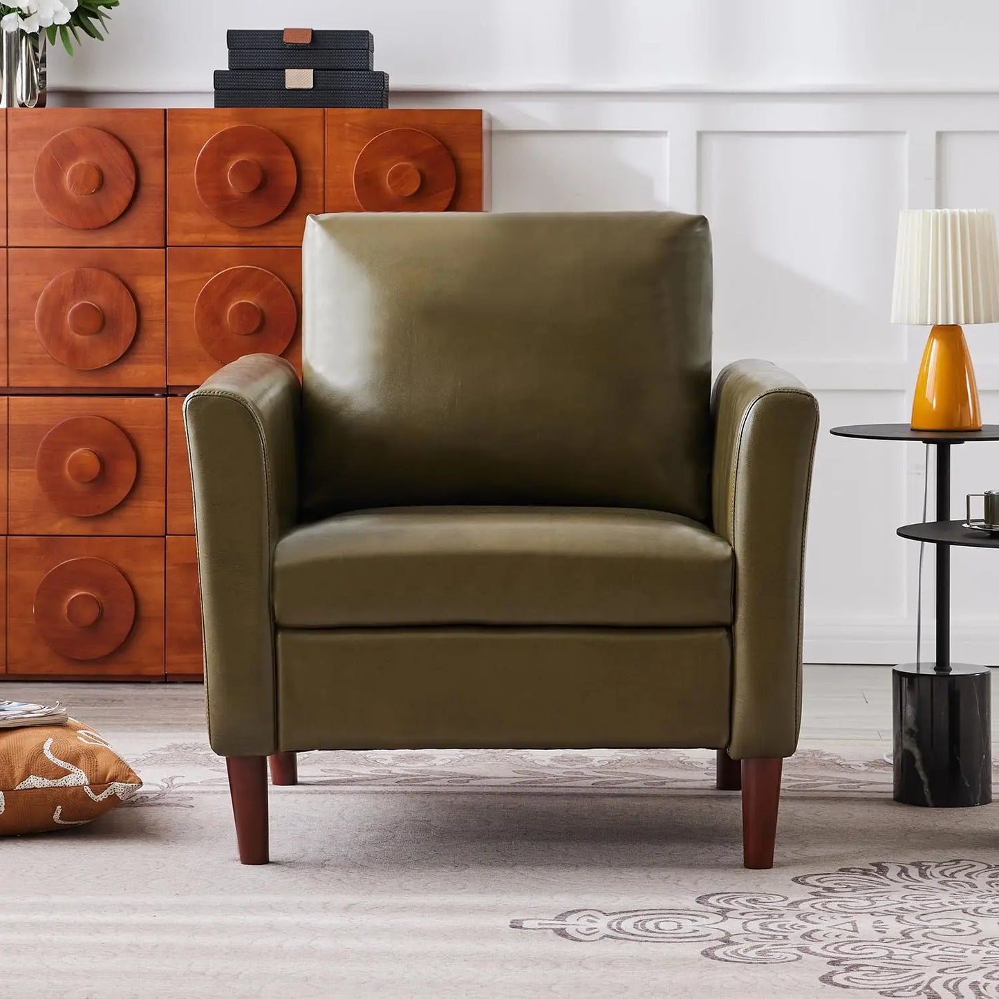 Accent Chair for Living Room, Mid Century Modern Upholstered PU Leather Armchair with Rolled Arms and Deep Seat,, Customized