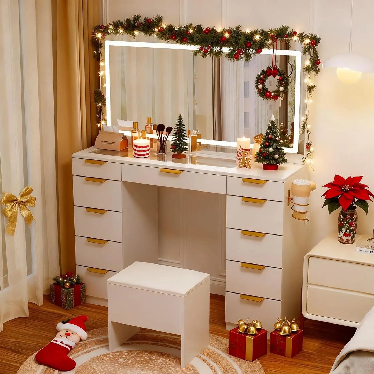Glass Top Vanity Desk with Mirror and Lights, 11 Drawers Makeup Vanity with Charging Station and Chair, Golden, Customized