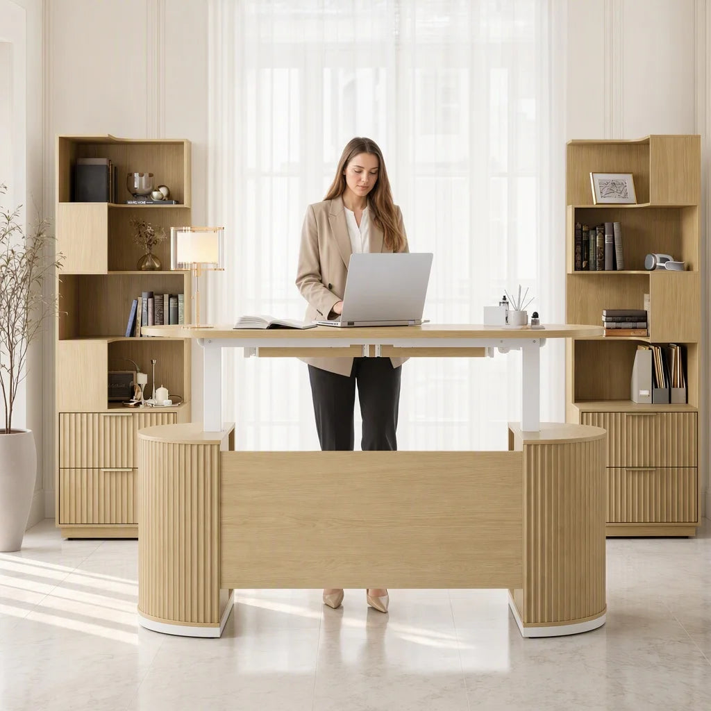 Electric Standing Desk with Storage Drawers, 63'' Executive Height Adjustable Desk with Privacy Panel and Shelves, Wood Fluted Computer Desk for Home Office