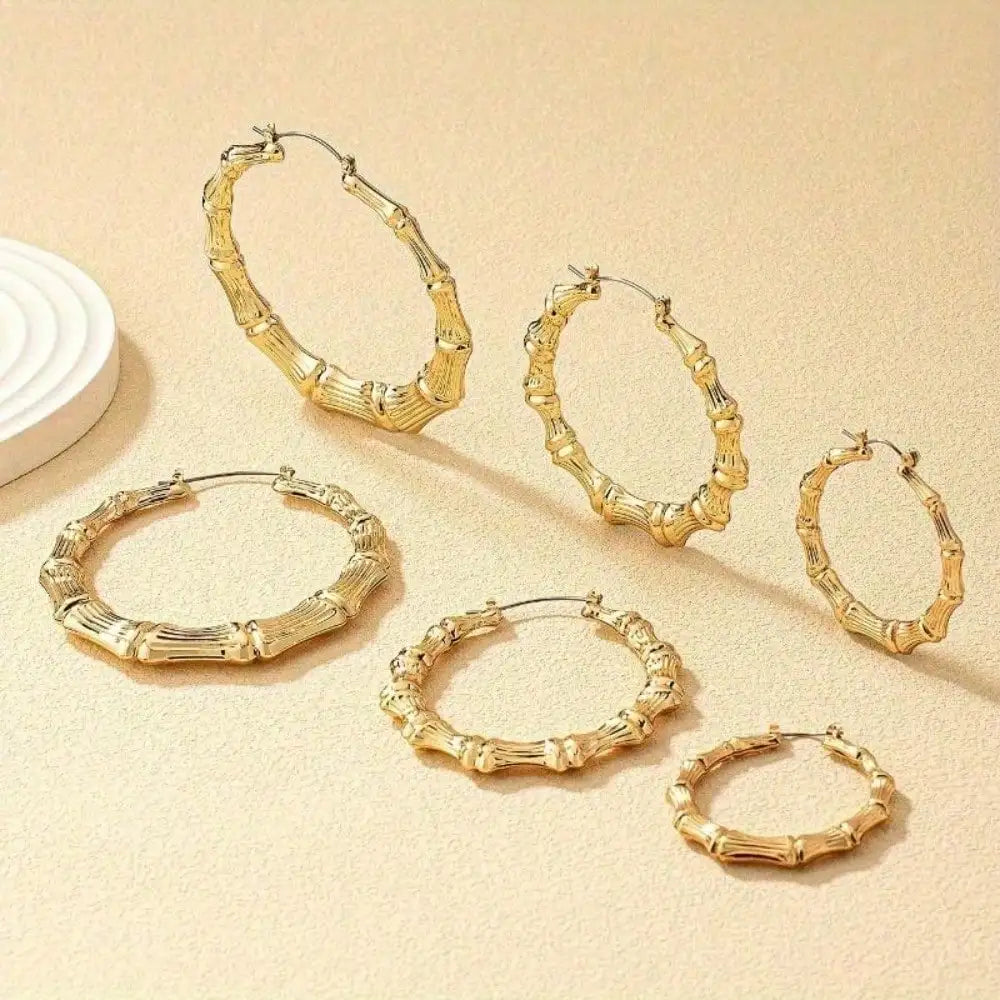 6pcs Golden Bamboo Hoop Earrings for Women, Fashion Statement Jewelry for Daily Wear