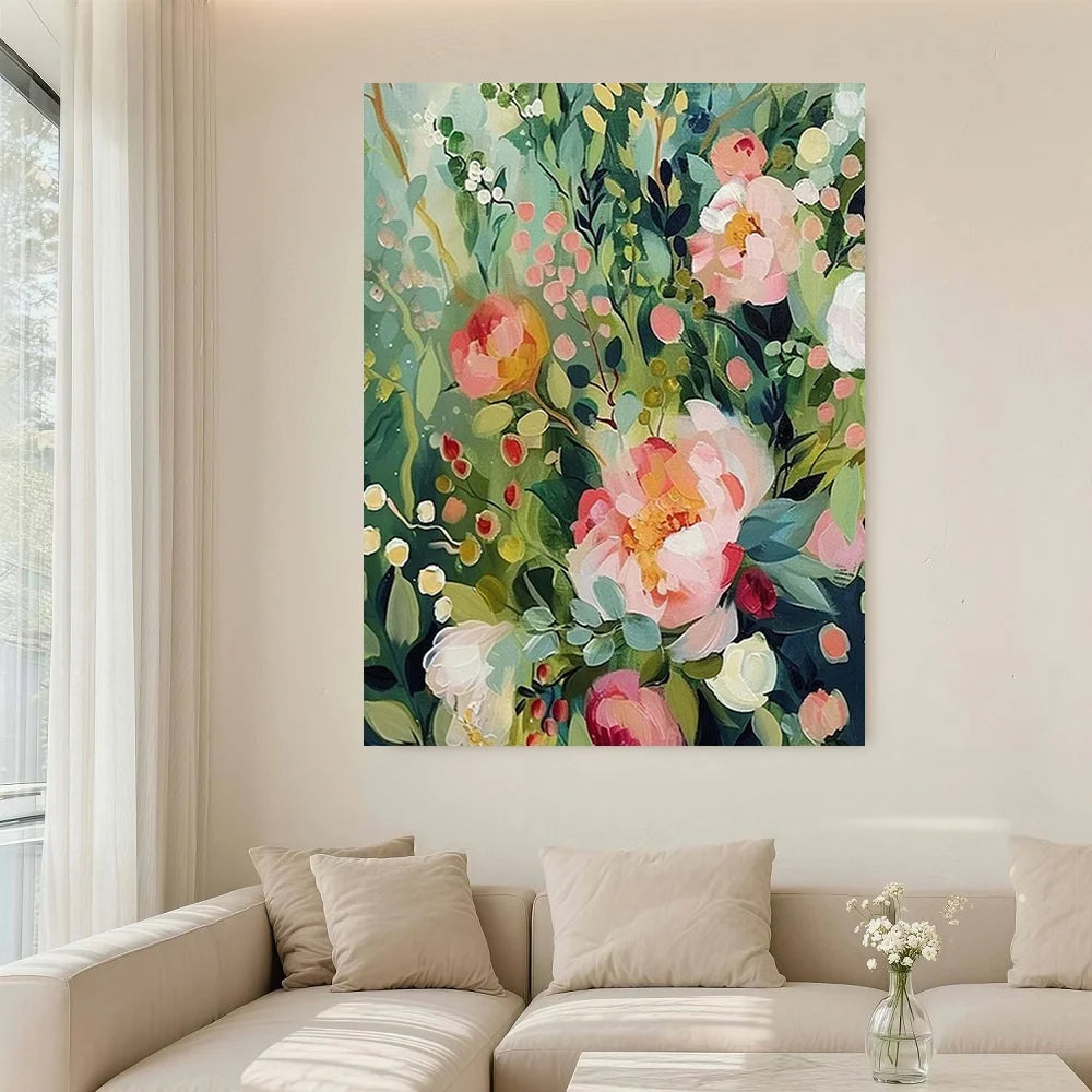 Framed Art Deco Bohemian Floral Canvas Painting With Wood Frame