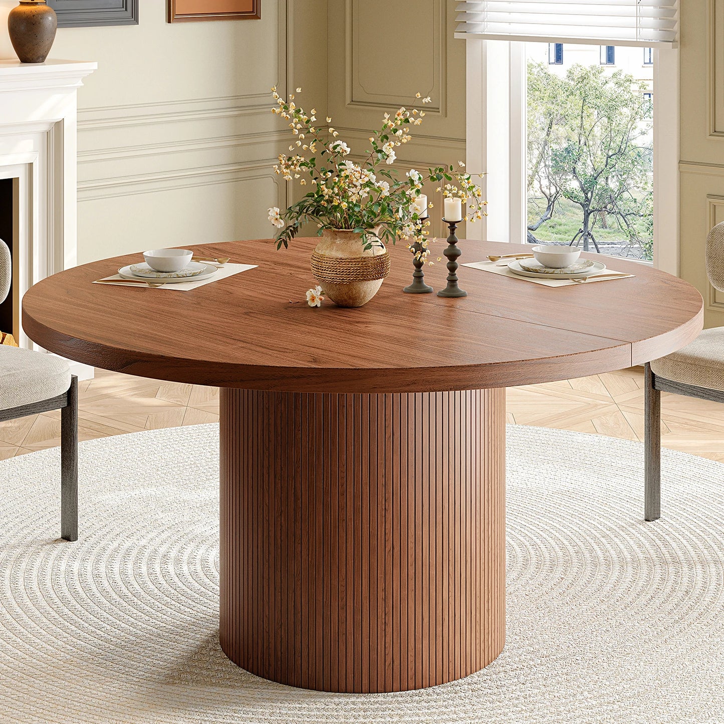 Black 47 Inch Round Dining Table For 4, Circle Fluted Kitchen Table Wood, Modern Dinner Tables For Kitchen, Living Room