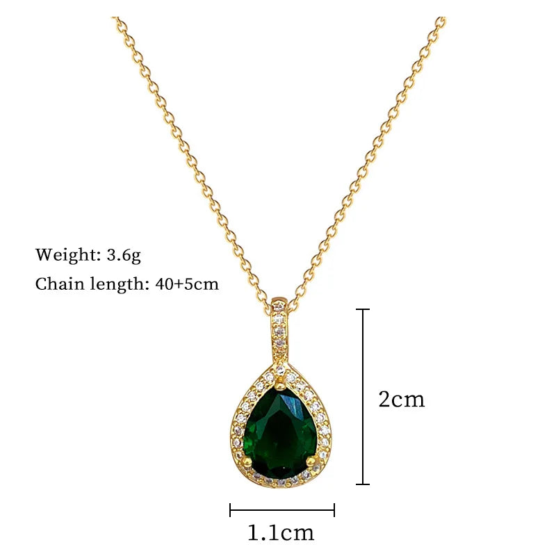 XIYANIKE Water Drop Emerald Zircon Pendant Necklace Earrings Jewelry Set For Women Stainless Steel Chain Necklaces Party Gift