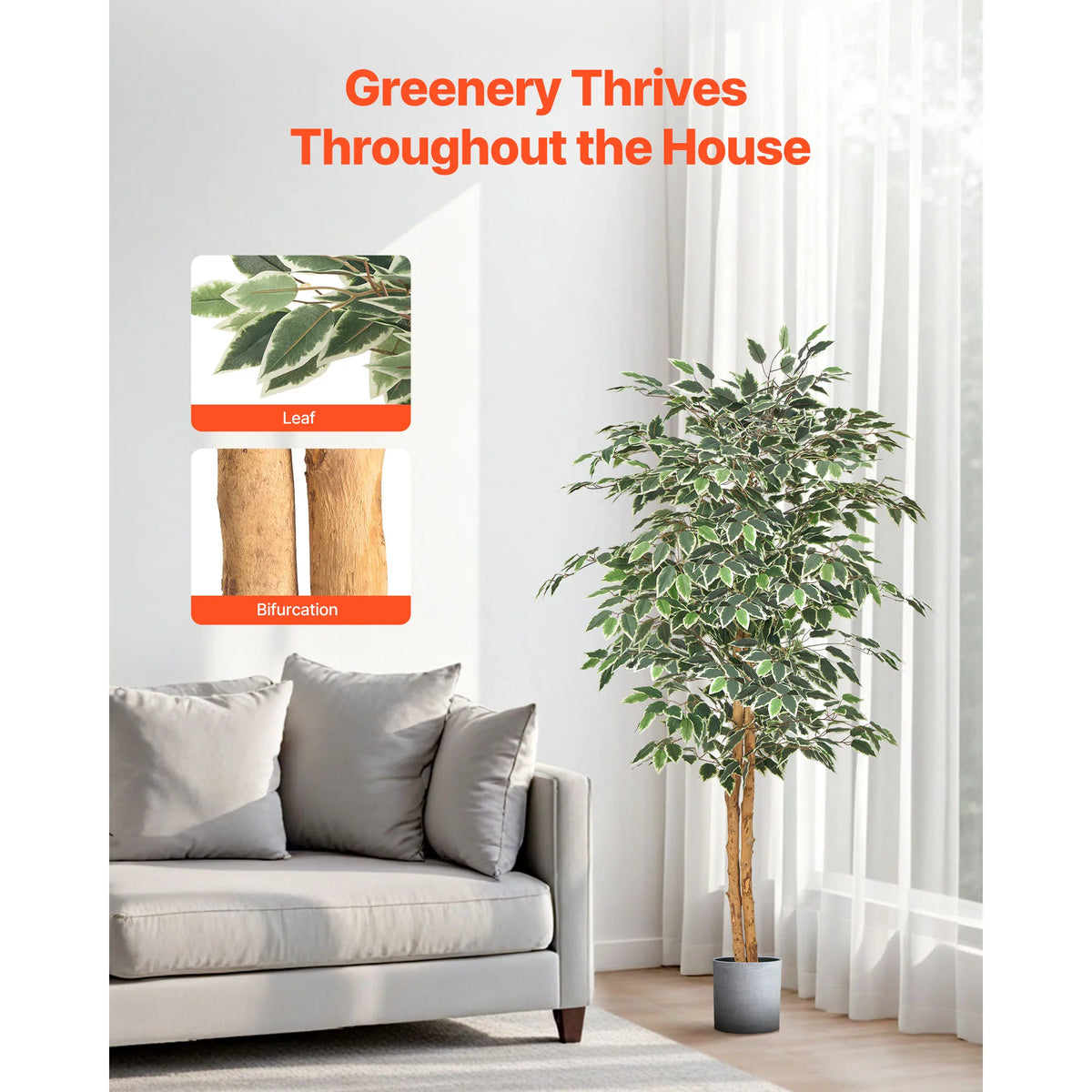 VEVOR 5/6/7/8FT Artificial Tree Tall Faux Ficus Plant with Natural Wood Trunk and Realistic Green Leaves for Home Living Room