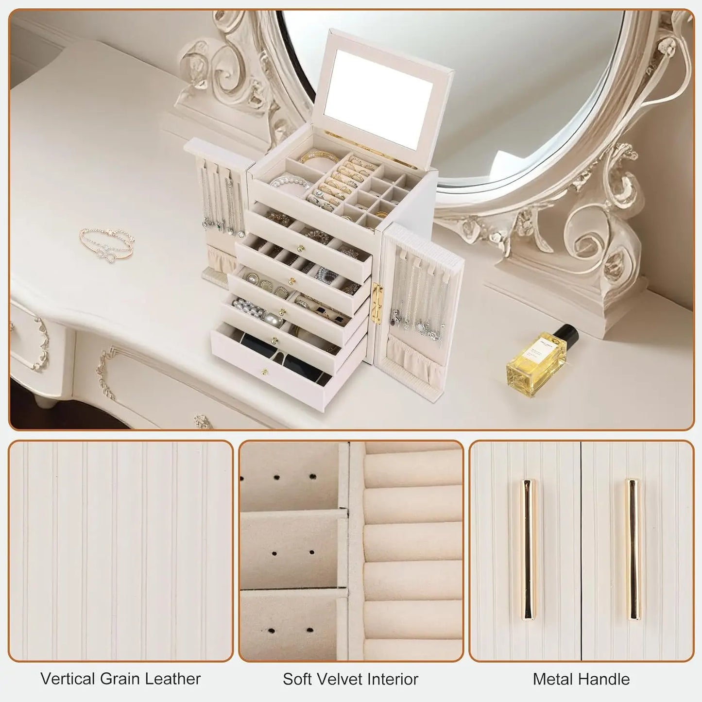 Large Jewelry Organizer Box, Jewelry Boxes for Women Girls, 6-Tier Jewelry Storage Organizer with Mirror for Necklace Ring Bracelet Watch, Gift Idea (Beige)