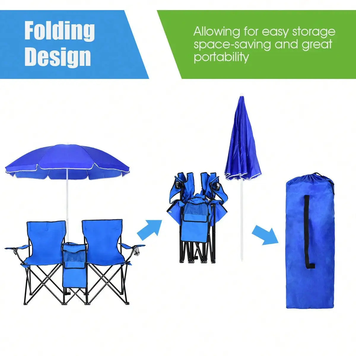 Folding Picnic Double Chair W/Umbrella Table Cooler Beach Camping Turquoise\Black\Red\Gray