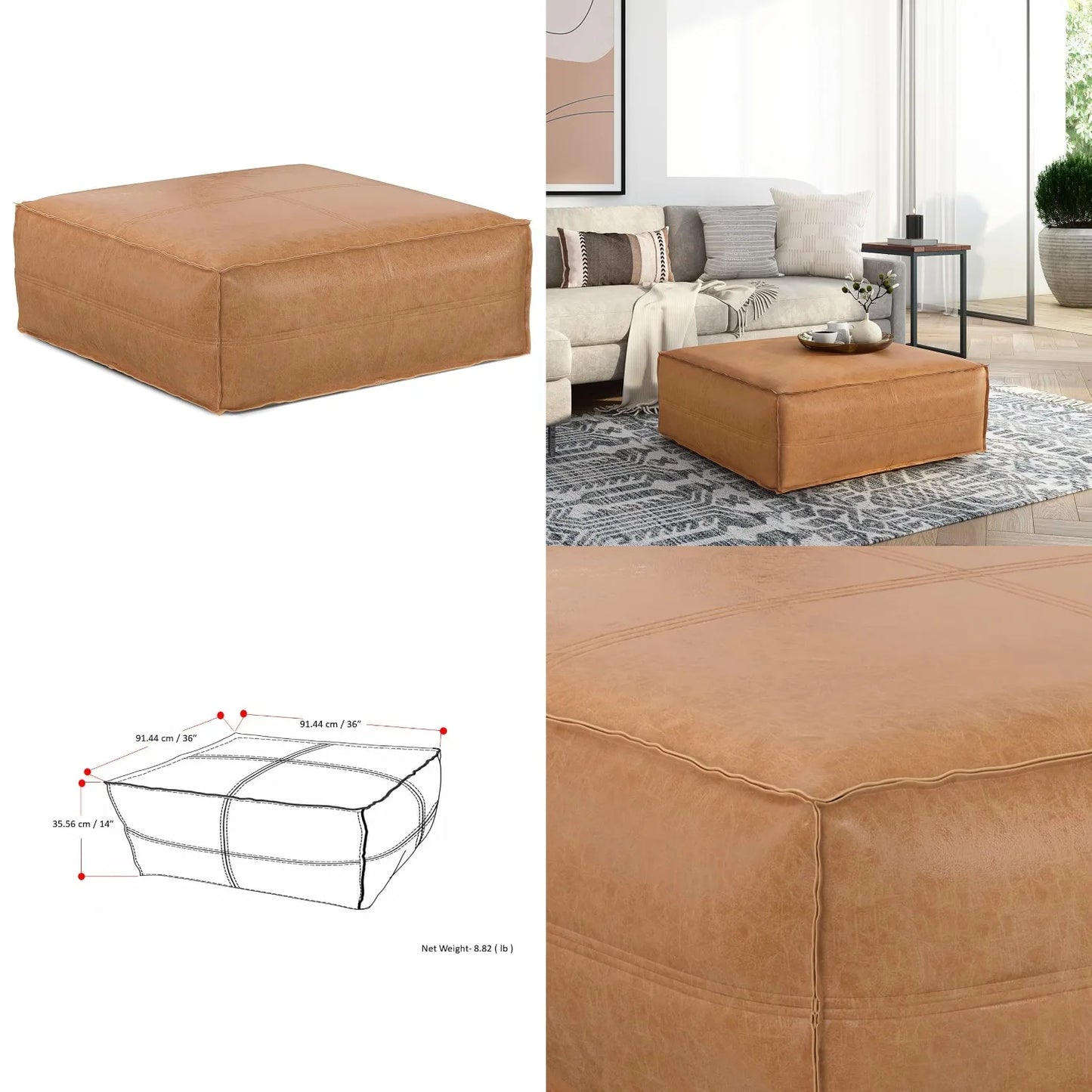Extra Large Upholstered Vegan Leather Ottoman Pouf 36 inch Wide Square Footstool Coffee Table Living Room Seating, Customized