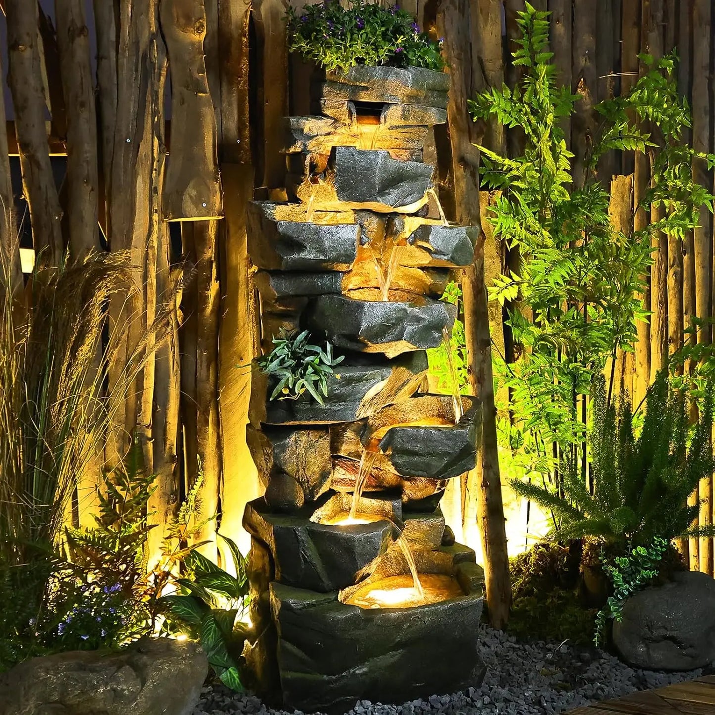 5-Tier Tree Trunk Outdoor Water Fountain LED Garden Decor