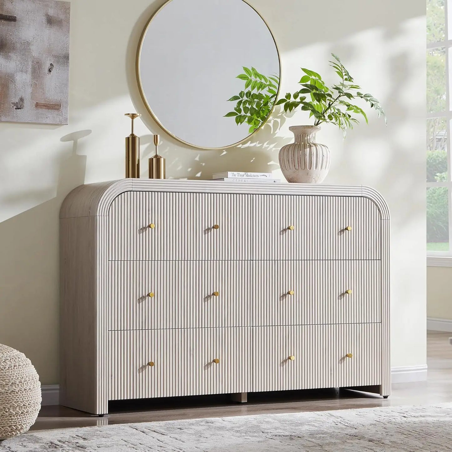 Fluted 6 Drawer Dresser Bedroom 54in Wide Curved Profile Wood TV Stand Living Room Hallway Oak, Customized