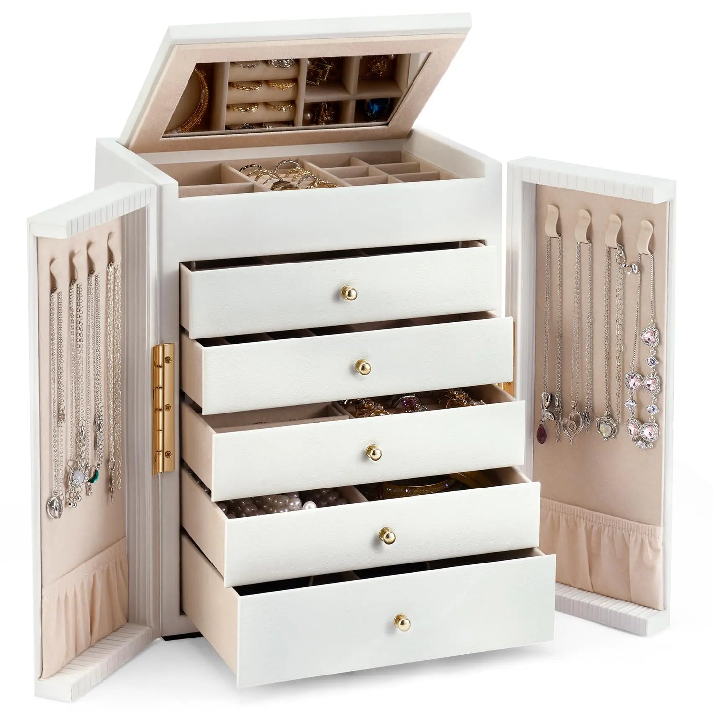 Large Jewelry Organizer Box, Jewelry Boxes for Women Girls, 6-Tier Jewelry Storage Organizer with Mirror for Necklace Ring Bracelet Watch, Gift Idea (Beige)