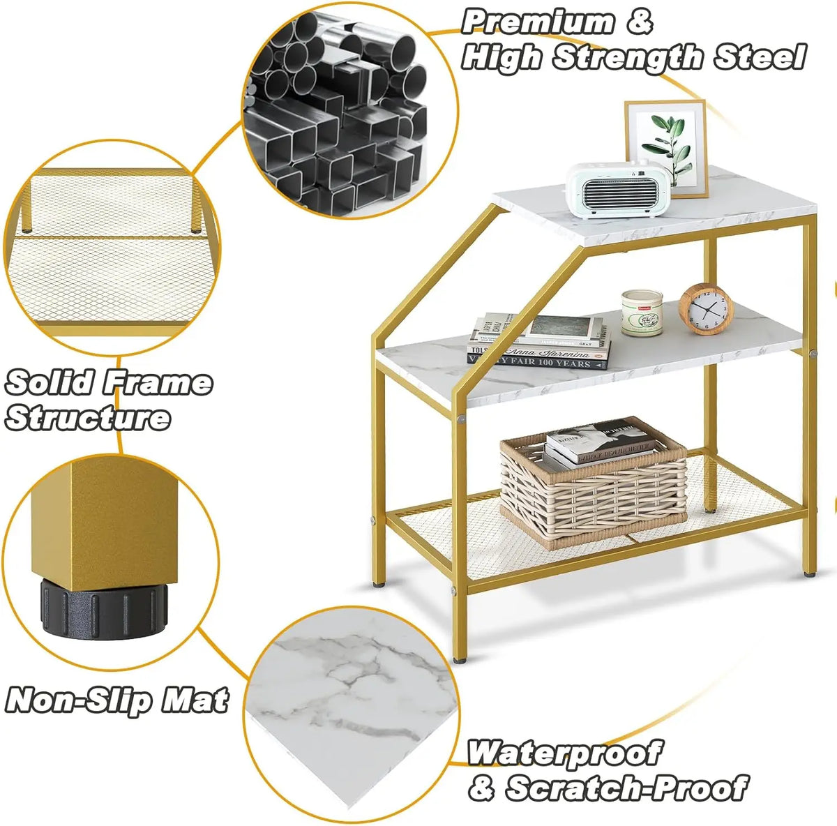 Wolawu End Table 3 Tiers 2pcs White Marble Wood Nightstand with Storage Ladder Shelf,Industrial Sofa Side Table for Small Space, Modern Trapezoid Plant Stand in Living Room Bedroom,Gold Metal Frame