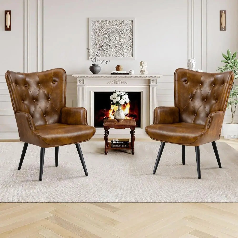 PU Leather Accent Chair for Living Room, Upholstered Reading Chair with High Backrest, TuftedButton Wingback Armchair for Bedro