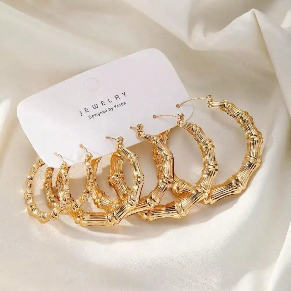 6pcs Golden Bamboo Hoop Earrings for Women, Fashion Statement Jewelry for Daily Wear