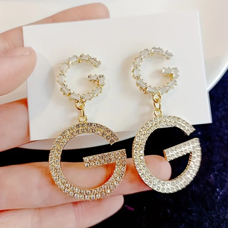 G Letter Pendant Earrings With Rhinestones Stainless Steel
