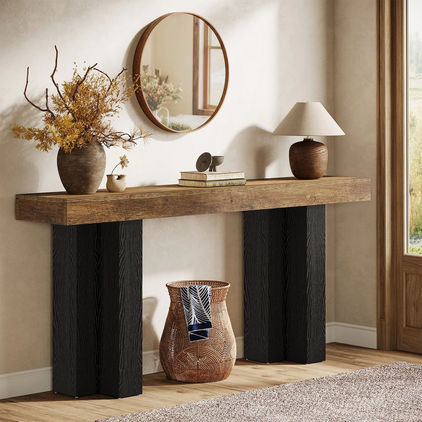 Tribesigns 63-Inch Console Table for Entryway, Farmhouse Entryway Table with Sturdy Legs, Narrow Long Sofa Console Behind Couch for Living Room, Hallway, Foyer, Rustic Brown and Black
