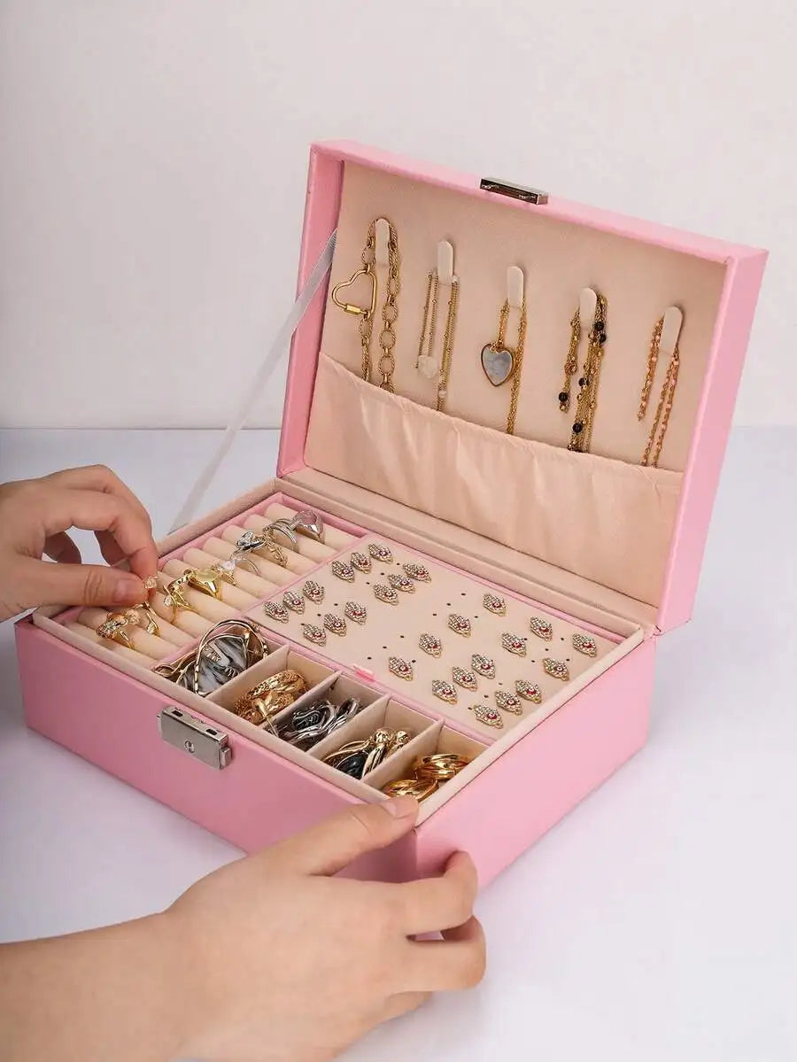 1pc Jewelry Storage Box, Gift Leather Jewelry Box, Earring Organizer, Double Layer Jewelry Box, Large Capacity PU Leather