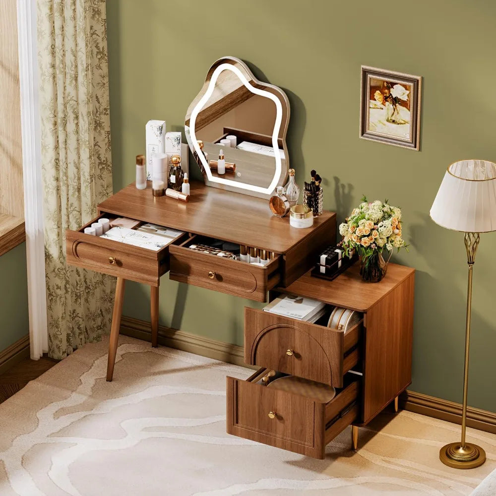 Corner Makeup Vanity Desk with Lighted Mirror & 4 Drawers, Modern Dressing Table for Bedroom