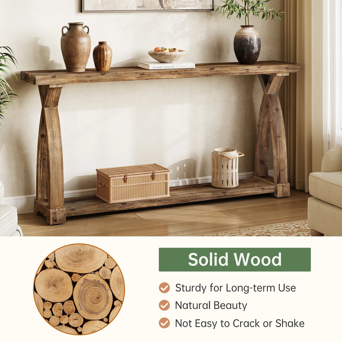 Tribesigns Farmhouse Solid Wood Console Table With Two Tier Storage