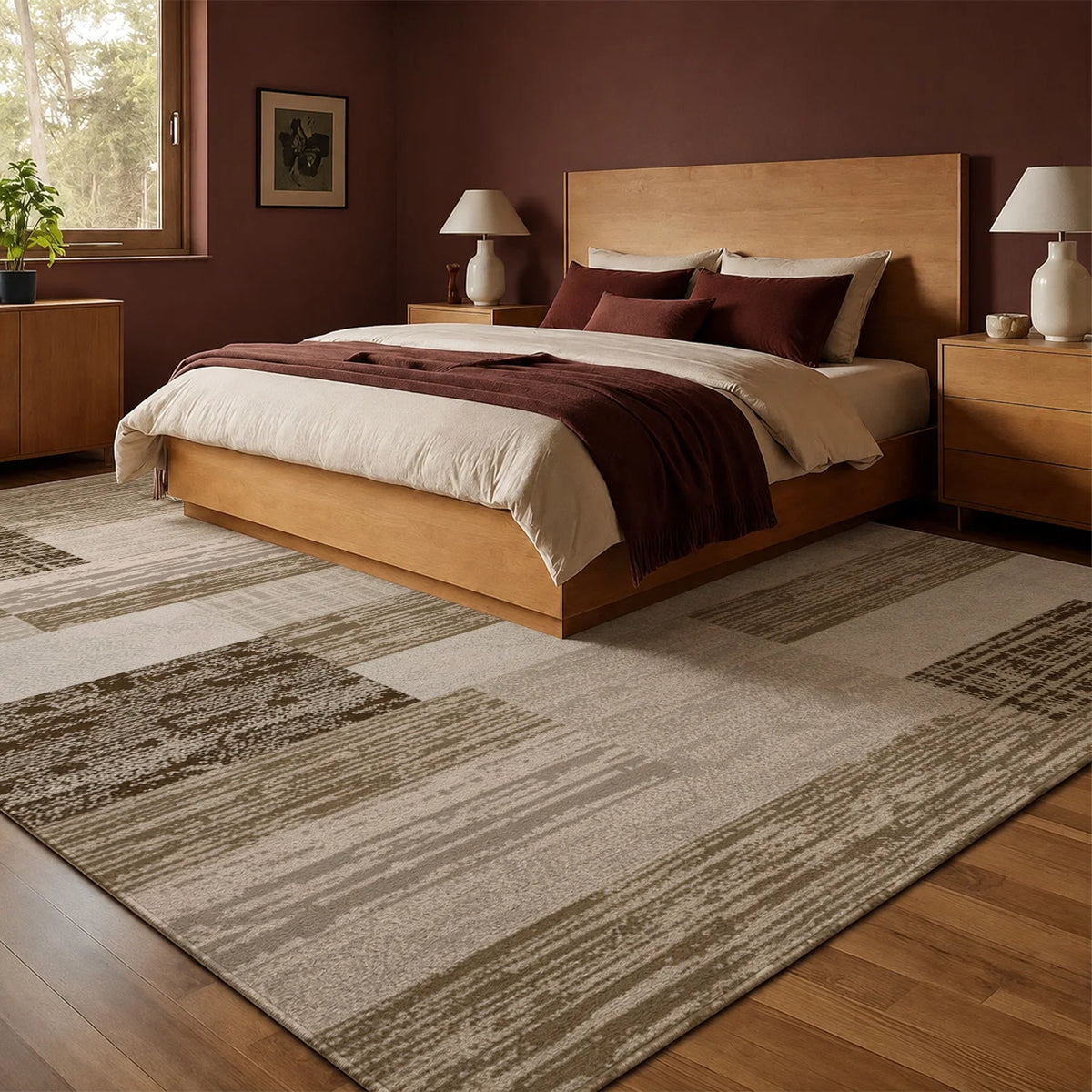 Large Indoor Area Rug, Soft Velvet Low Pile Rug with Non-Slip Dotted Backing, Machine Washable Neutral Wood Block Patchwork Floor Rug for Living Room and Bedroom