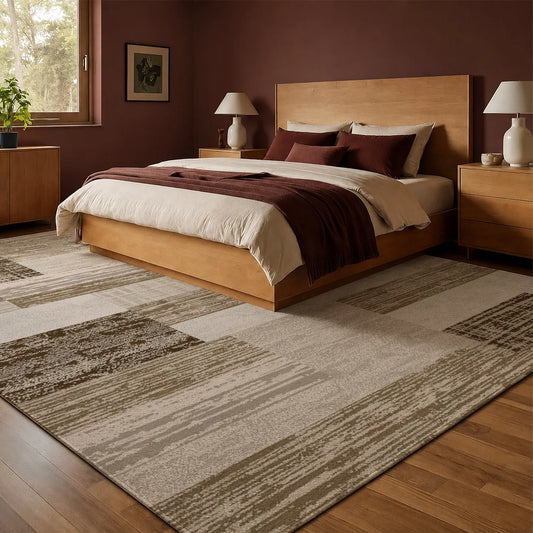 Large Indoor Area Rug, Soft Velvet Low Pile Rug with Non-Slip Dotted Backing, Machine Washable Neutral Wood Block Patchwork Floor Rug for Living Room and Bedroom