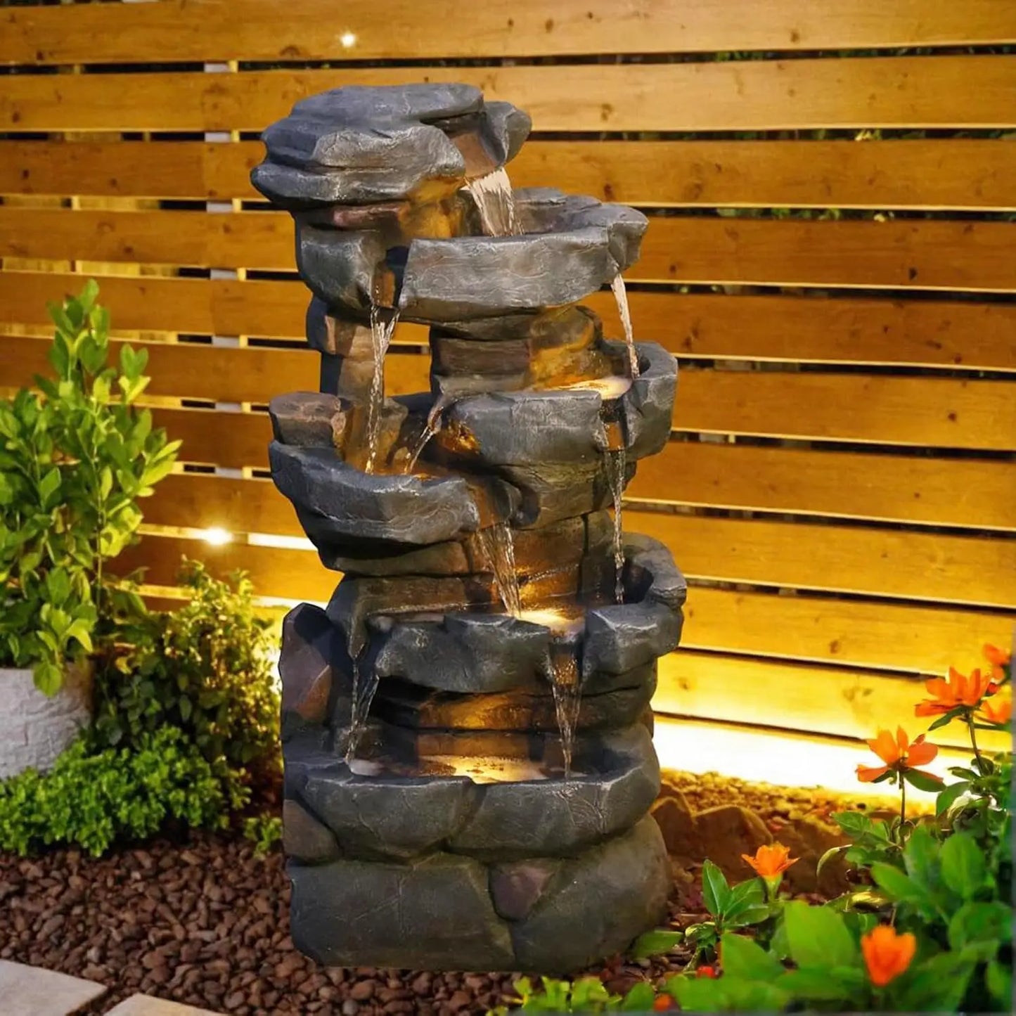 5-Tier Tree Trunk Outdoor Water Fountain LED Garden Decor