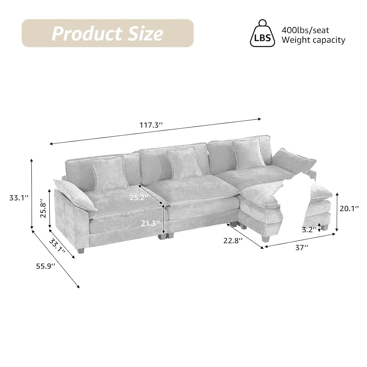 117.9" Modern Sectional Couches for Living Room, Blue Chenille Comfy Cloud Couch Sectional, 3 Seater Couch for, Customized
