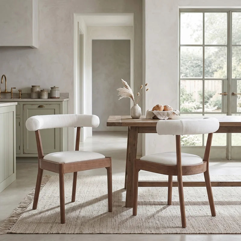 Set of 2 Linen Dining Room Side Chairs with Curved Open Upholstered Back,White