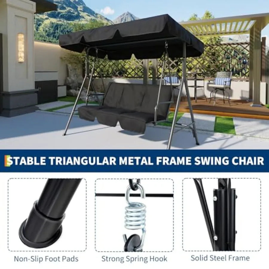 3 Seat Outdoor Porch Patio Swing with Stand and Adjustable Canopy, 800lbs Patio Chairs Porch Swing with Adjustable Tilt Shade f