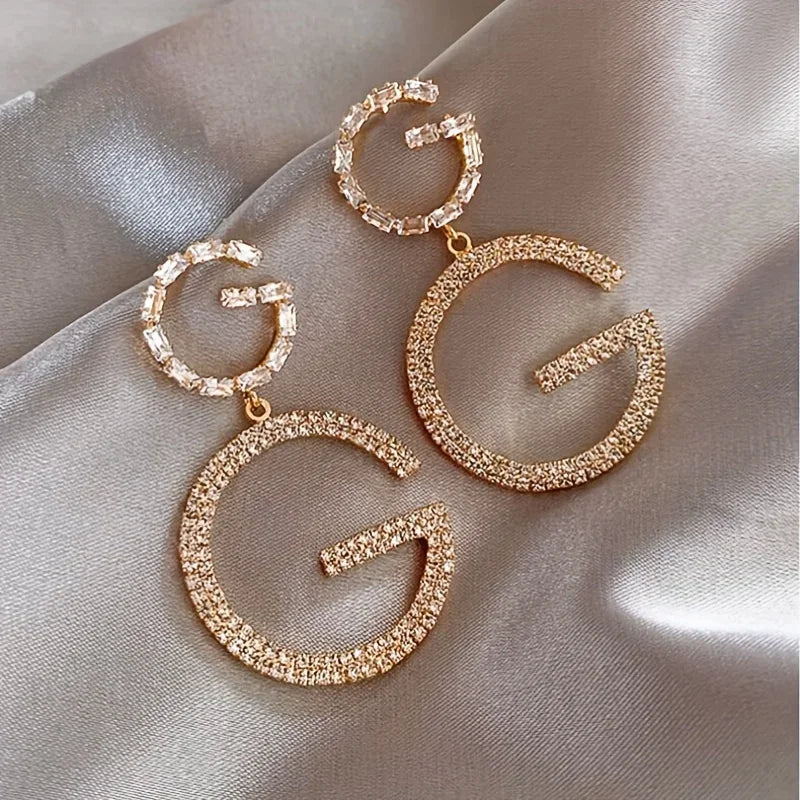 G Letter Pendant Earrings With Rhinestones Stainless Steel