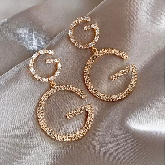 G Letter Pendant Earrings With Rhinestones Stainless Steel