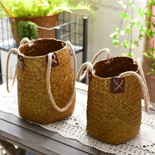 Rural grass woven flower basket, flowerpot, dry flower basket, hand woven storage basket