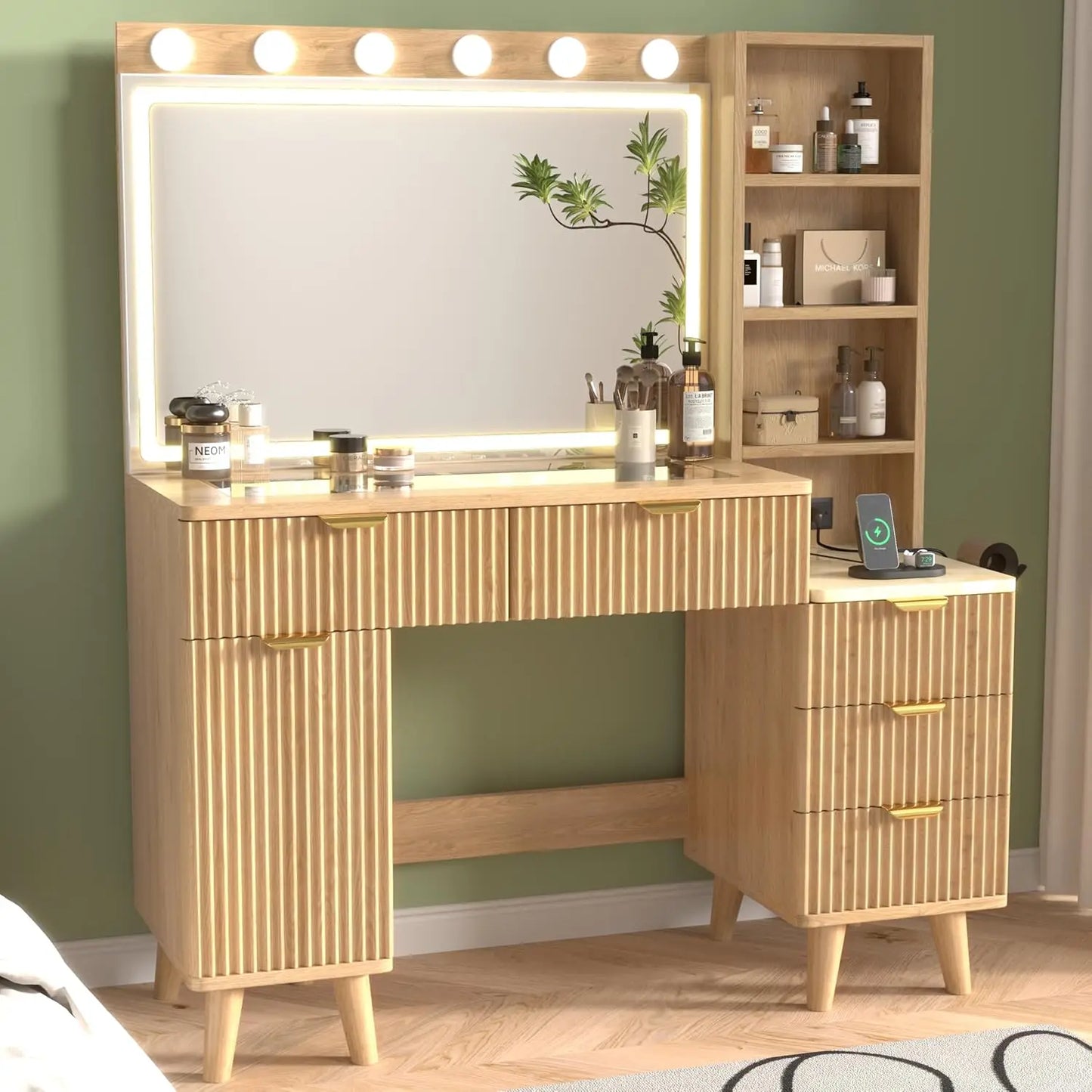 47" Fluted Makeup Vanity Desk with 32" Mirror & Lights Charging Station Glass Top 5 Drawers 2 Cabinets Bedroom, Customized