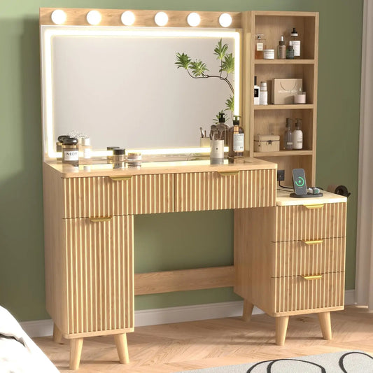47" Fluted Makeup Vanity Desk with 32" Mirror & Lights Charging Station Glass Top 5 Drawers 2 Cabinets Bedroom, Customized