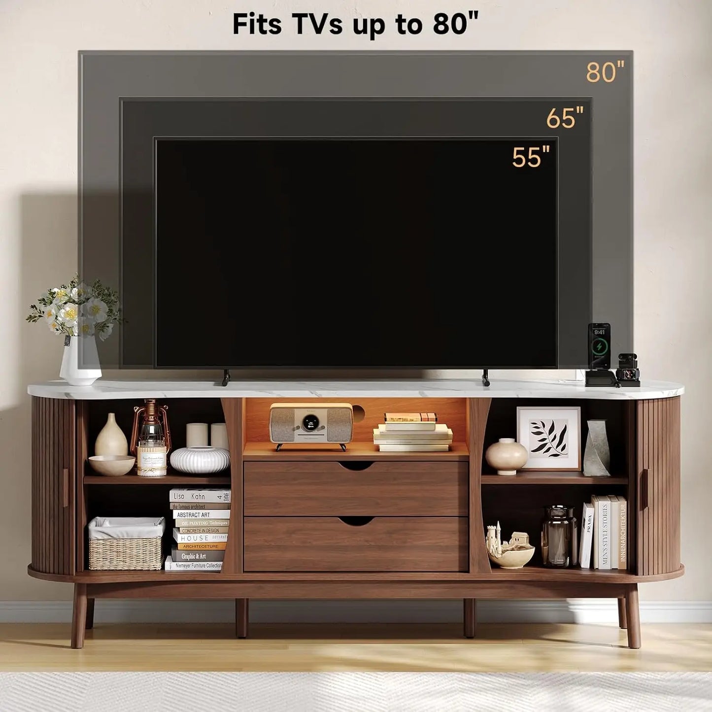 70-inch Fluted TV Stand Entertainment Center for TVs up to 80", Mid-Century Modern Bean-Shaped Console with USB/Outlet, LED Lights & Storage - for Living Room, Bedroom (Black/Walnut)