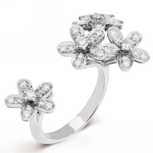 Silver Plated Four-Flower Cluster Open Ring with Paved CZ Design