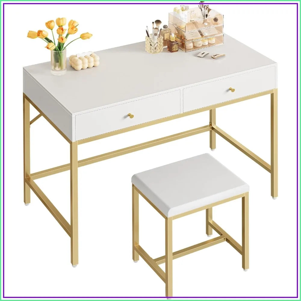 35.4" White and Gold Desk with 2 Drawers, Modern Makeup Vanity with Padded Stool, Small Computer Desk for Home Office