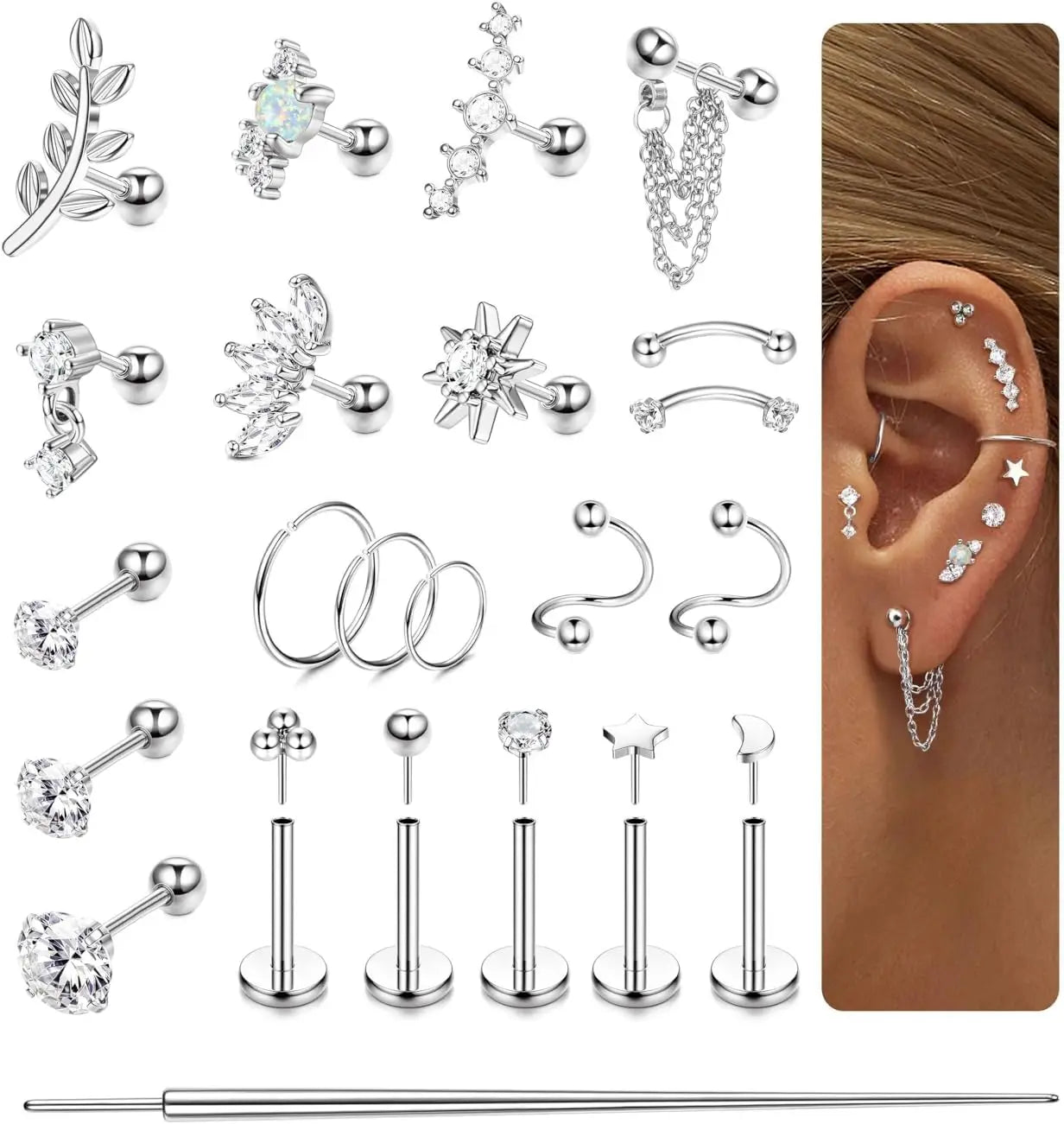 22Pcs 16G Cartilage Earrings for Women-Surgical Stainless Steel Earring Set Flat Back Earrings Nose Studs Helix Piercing Jewelry