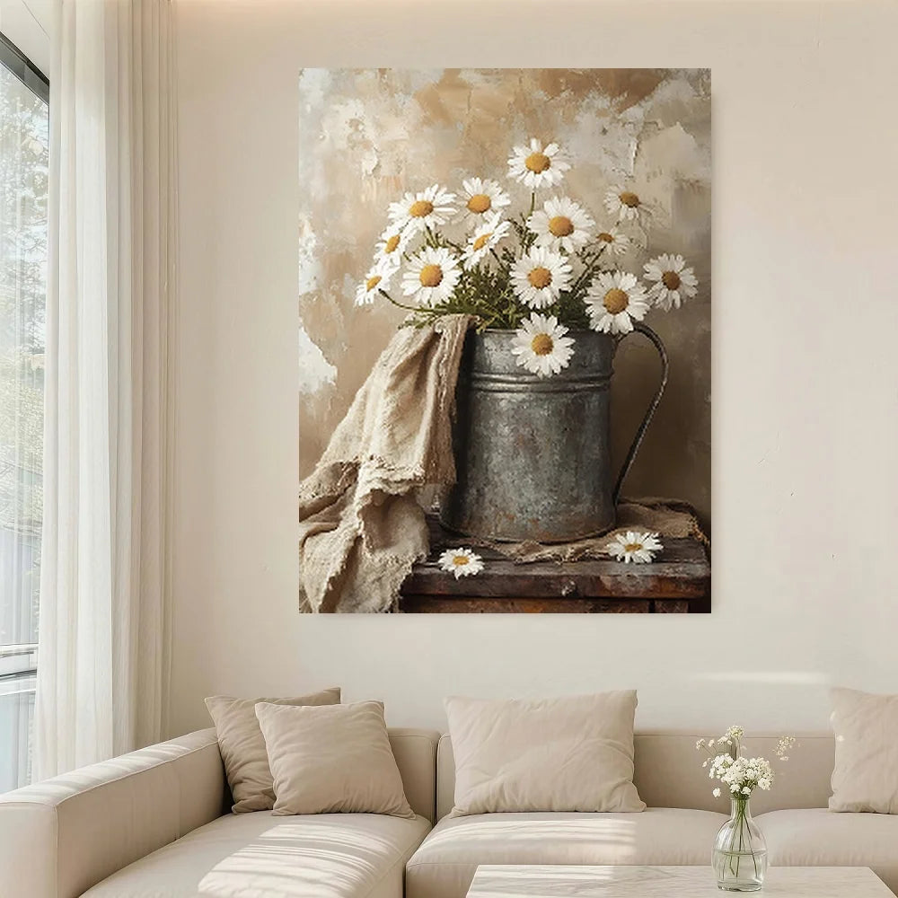 Framed Canvas Print Vintage Daisies In Distressed Metal Can