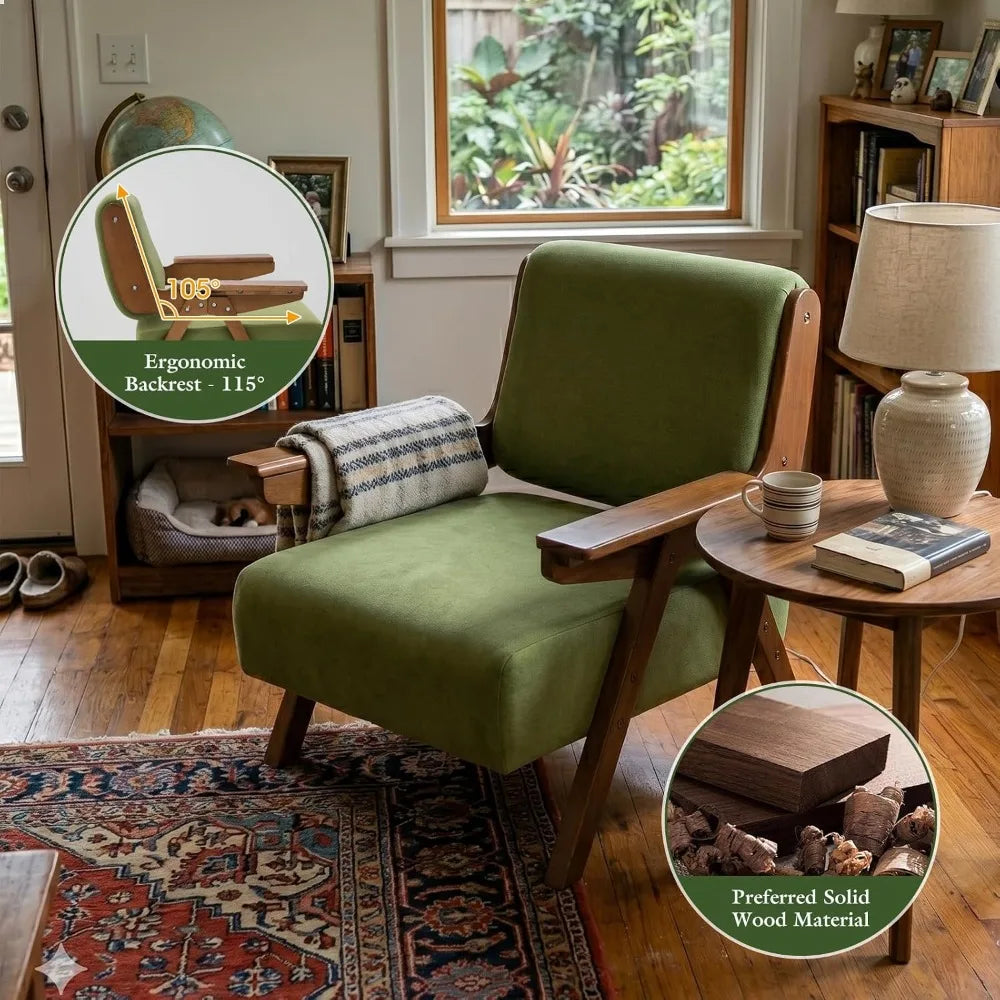 Accent Chair, Mid-Century Modern Velvet Upholstered Lounge Chair with Solid Wood Arms and Thick Cushion, Customized