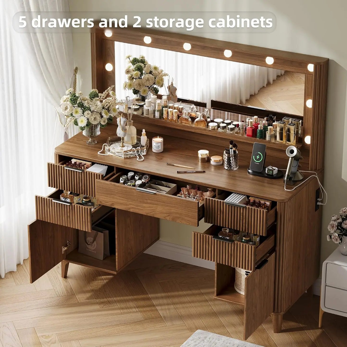 48.8" Wood Fluted Vanity Desk, Large 39.3" Lighted Mirror Makeup Dressing Table, Customized